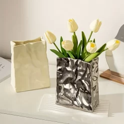 Large Capacity Pleated Paper Bag Shaped Ceramic Vase - Image 4