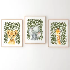 Cartoon Lion Elephant Giraffe Green Leaves Wall Art - Image 2