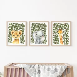 Cartoon Lion Elephant Giraffe Green Leaves Wall Art - Image 3