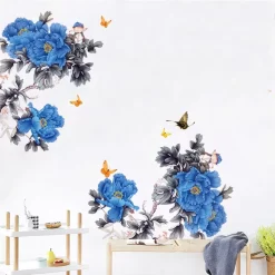 Blue Peony Tree Branches Butterfly Wall Stickers - Image 3