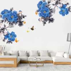 Blue Peony Tree Branches Butterfly Wall Stickers - Image 2