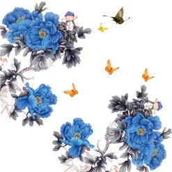 Blue Peony Tree Branches Butterfly Wall Stickers - Image 5