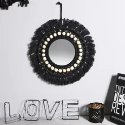 Black Macrame Mirror Wooden Beads - Image 3